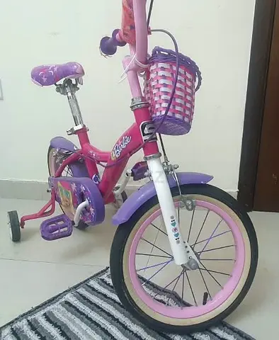 Pink Barbie theme- Girls 14-inch Bicycle + Training Wheels + Front Basket