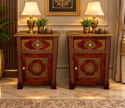 Pair of Ornate Wooden Bedside Nightstands with Brass Inlay