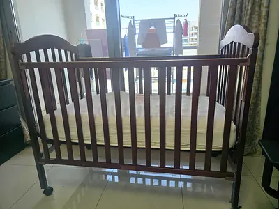 Wooden Baby Crib with Mattress - Dark Brown, Good Condition