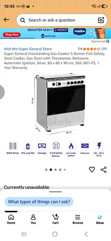 Super General Super General 80X60 Free Standing Gas Cooker, SGC801FS