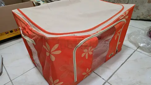 Used fabric wardrobe storage box with clear window - orange floral
