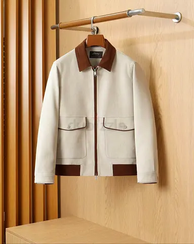 Brioni Beige and Brown Men's Collared Zip Jacket (SUPER MASTER QUALITY)