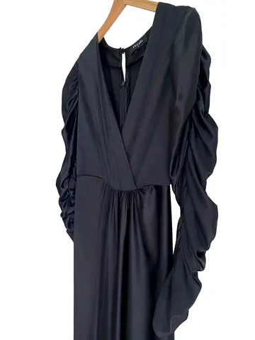 Black ruched sleeve evening dress, V-neck, size L