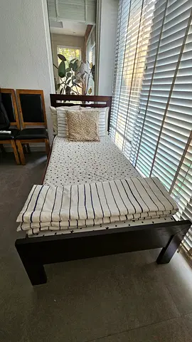 Dark Wood Single Bed Frame with Headboard and mattress, cushions not included