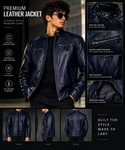 Men's ORIGINAL brand Navy Leather Jacket - Size S / biker jacket