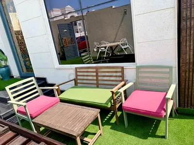 Outdoor garden seating set - 3 chairs and coffee table, used