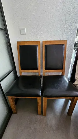 PVC Leather Wooden Dining Chairs with Black Cushions - Good Condition, set of 2, 104x46x48 (HxLxW)