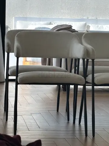 Set of 6 Beige Fabric Dining Chairs with Black Metal Legs