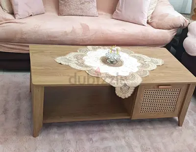 Light Oak Coffee Table with Rattan Drawer