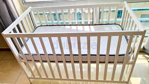 White Wooden Baby Crib with Mattress - Good Condition