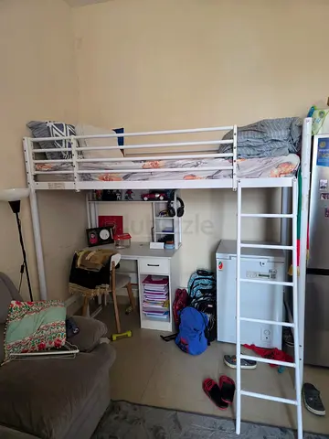 White Metal Loft Bed with Desk and Ladder - Good Condition with Mattress