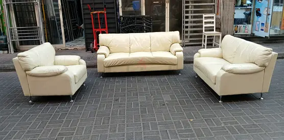 Cream leather 3-piece sofa set (3-seater, 2-seater, armchair) - good condition