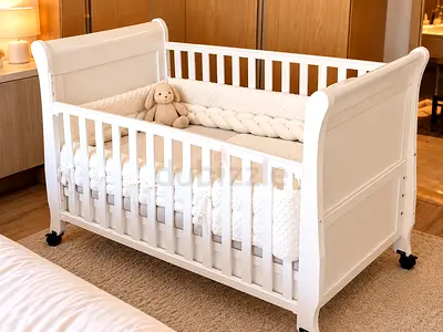 BRAND NEW! Large White Wooden Baby Cot / Crib with Storage Drawers, Memory Foam Mattress & Wheels.
