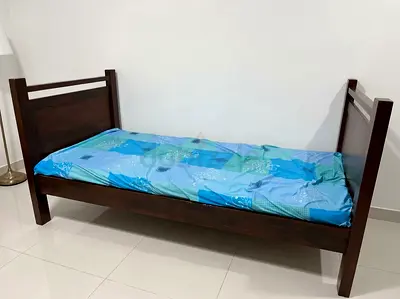 Single Wooden Bed Frame - Solid Dark Wood, Good Condition