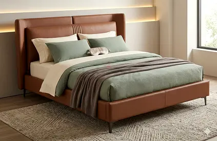 Modern Brown Leather Bed Frame with Upholstered Headboard