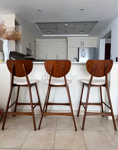 Set of 3 Mid-Century Wooden Bar Stools with Cushioned Seats