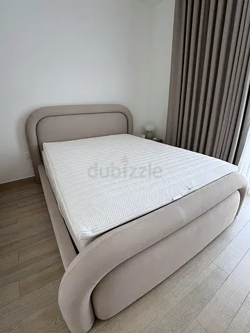 Designer Curved Upholstered Queen Bed + Mattress + Topper | Excellent Condition
