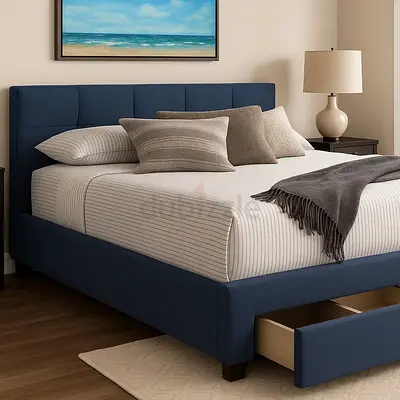 Rich blue velvet upholstered front drawers queen bed