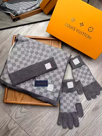 Louis Vuitton grey check scarf and gloves set
