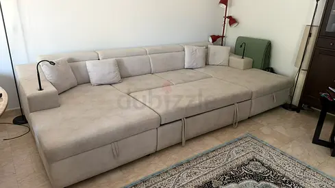 Large Beige Modular Sofa with Storage - Comfortable Family Size