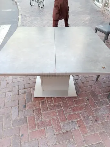 Extendable square dining table with pedestal base - light grey