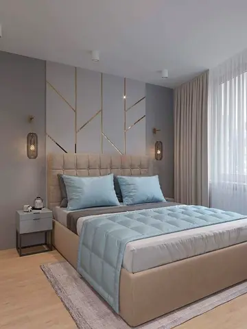 Modern upholstered bed frame with headboard - queen size (beige)