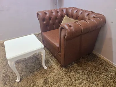 Brown Chesterfield Armchair with Side Table - Good Condition