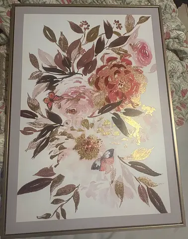 Floral Wall Art Painting with Gold Accents - Framed