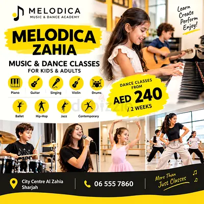 Melodica Zahia - Music & Dance Classes Flyer (Piano, Guitar, Singing, Violin, Drums)