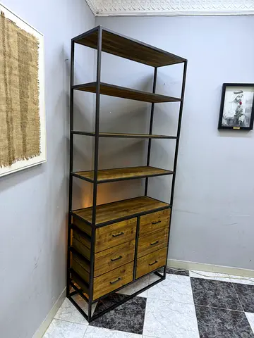 Industrial Metal Frame Bookcase with Wooden Shelves and Drawers