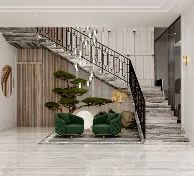 Neoclassical Staircase | Marble, Wood & Contemporary Lighting — Dubai