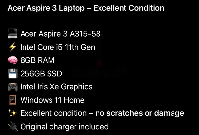 Acer Aspire 3 A315-58 | Intel i5 11th Gen | 8GB | 256GB SSD