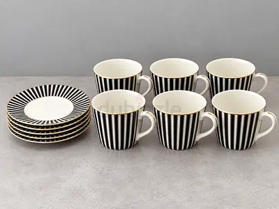 Black & White Cups and Side Plates Set – 12 pcs