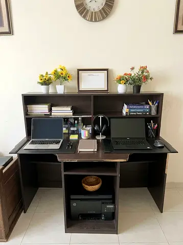 Dark Wood Study Desk with Hutch and Storage - Good Condition