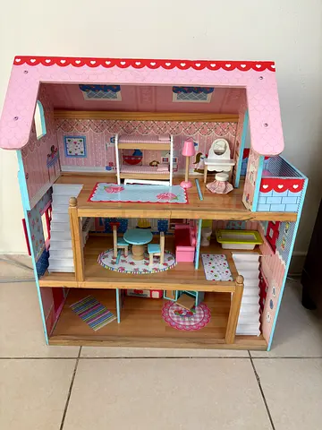 Wooden Dollhouse with Furniture - 3-Level Playhouse