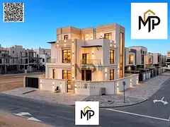 A luxurious villa featuring a sophisticated modern design, a central swimming pool, and a double-hei