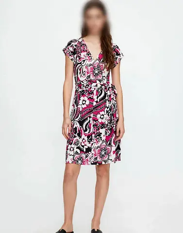 Pink & Black Floral Wrap Dress - Knee Length, free Size
