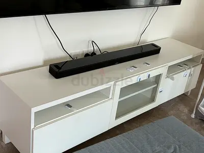 White TV Entertainment Unit with Glass Door and Storage