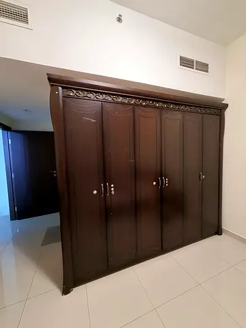 Solid Dark Wood 6- Door Wardrobe with Carved Detail - Good Condition