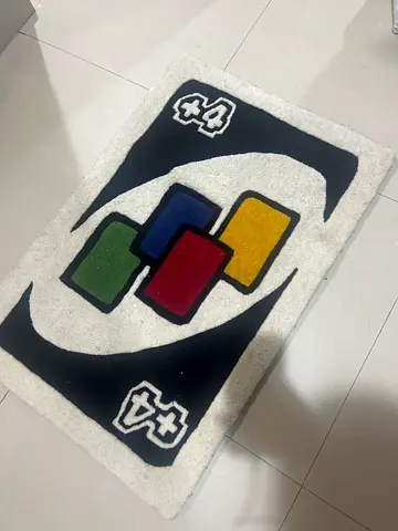Small modern abstract rug with colorful geometric blocks — good condition