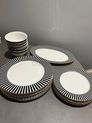 Set of Black & White Striped Dinner Plates and Bowls - Good Condition