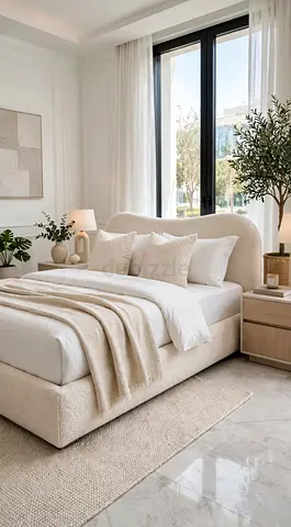 Upholstered queen bed with headboard and base in cream fabric - good condition