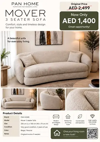 Pan Home Mover 3-Seater Sofa – Neutral Beige, Excellent Condition