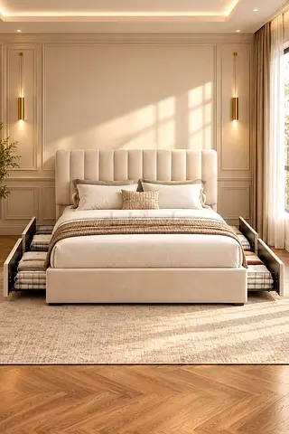 Upholstered Storage Bed with Pull-Out Drawers - Beige, King Size Look