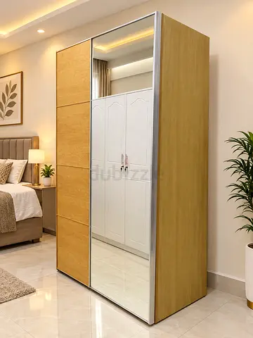 Wooden Sliding Door Wardrobe with Full-Length Mirror - Good Condition