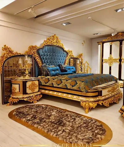 Ornate Gold & Blue King-Size Bed with Nightstands - Luxury Classic Set