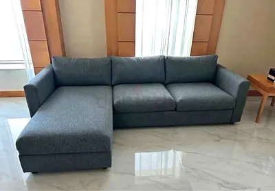 L-shaped Grey Fabric Corner Sofa bed with Chaise - Good Condition vimle