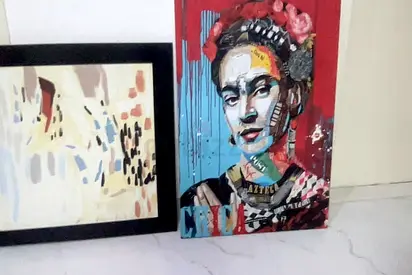 Set of 2 Wall Art Paintings — Abstract & Frida Kahlo Portrait
