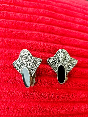 Vintage silver-tone clip-on earrings with black enamel and rhinestones (pair)