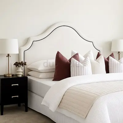 Upholstered Curved Headboard Bed - Queen Size (White)